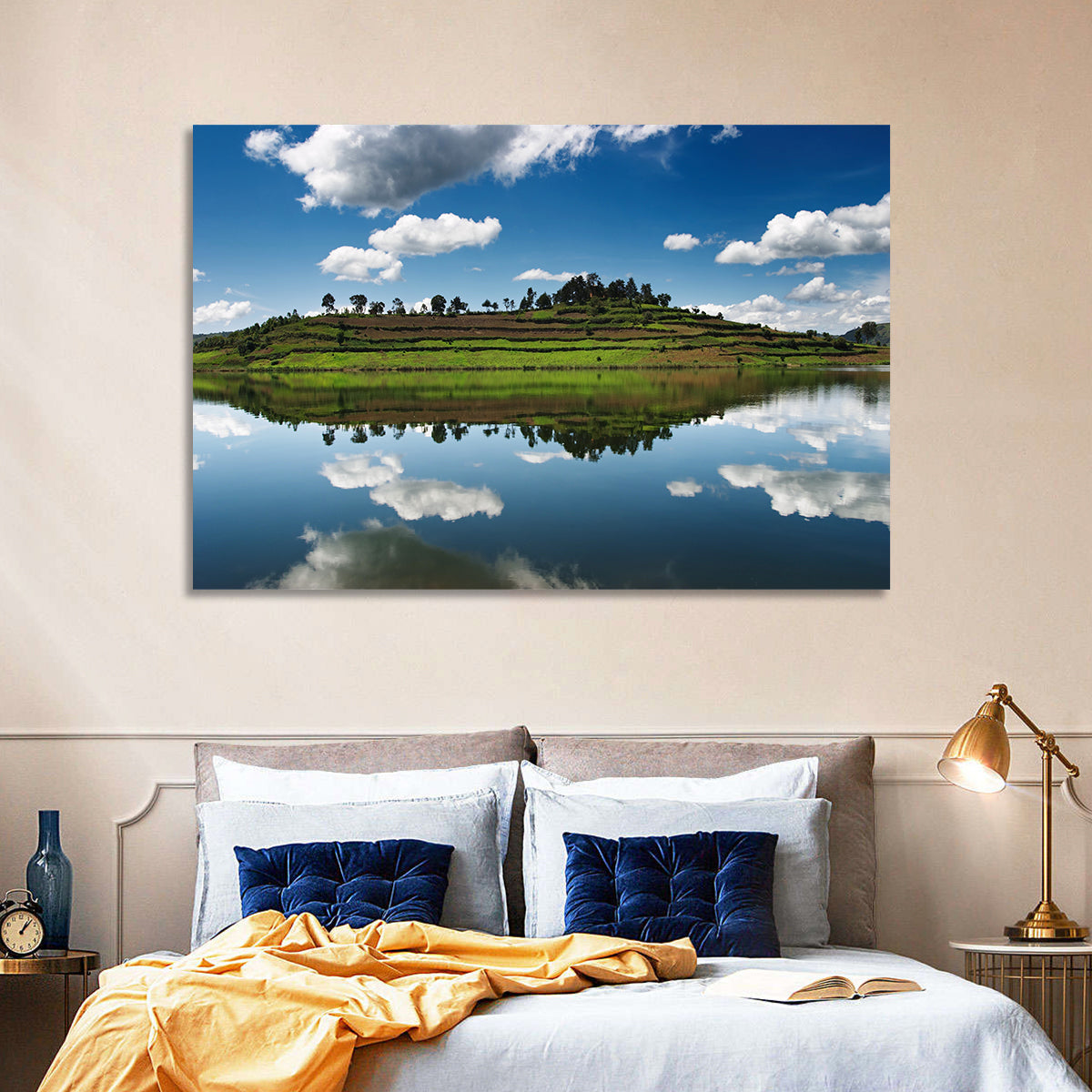 Bunyonyi Lake Reflection Wall Art in a room, landscape