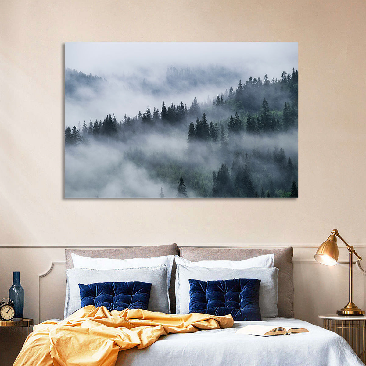 Misty Mountain Pine Forest Wall Art in a room, landscape