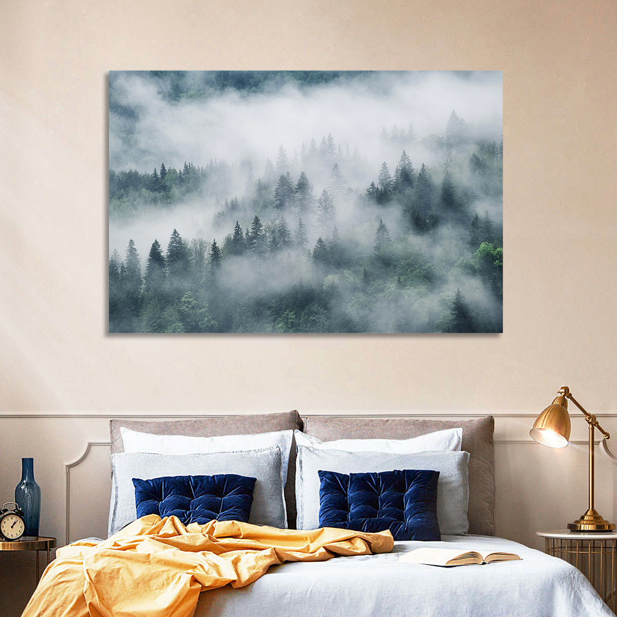 Misty Mountain Forest Wall Art in a room, landscape