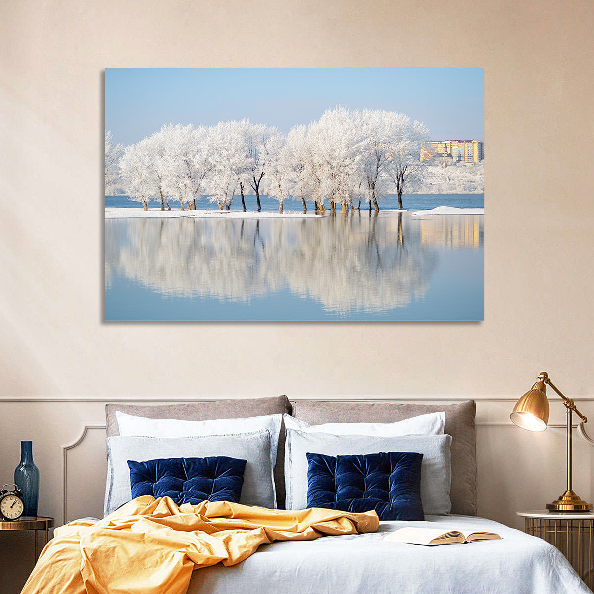 Winter Lake Reflection Wall Art in a room, landscape