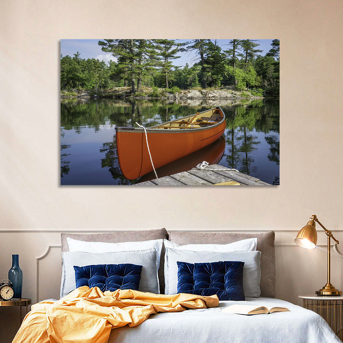 Orange Canoe on Ontario Lake Wall Art in a room, landscape
