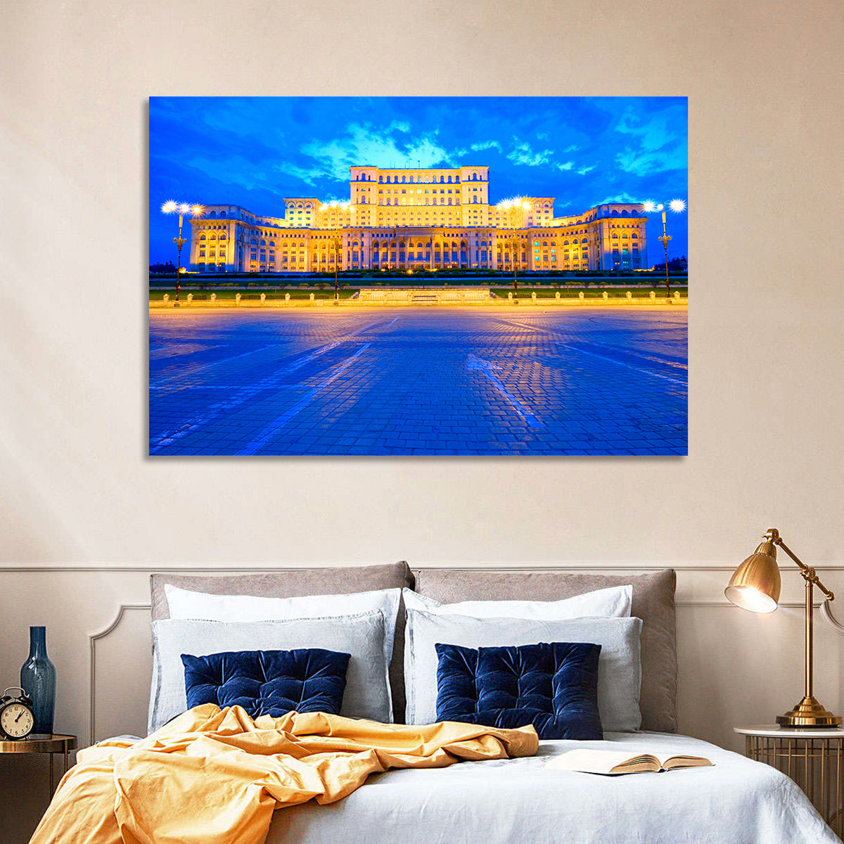 Palace of the Parliament at Twilight Wall Art in a room, landscape