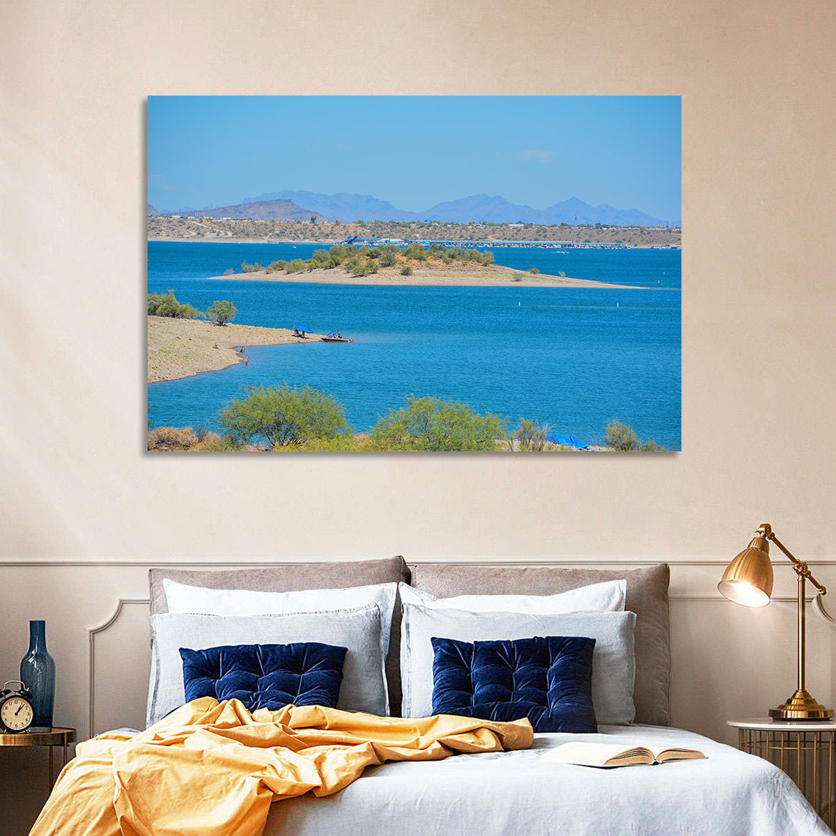 Lake Pleasant Shoreline with Boat Wall Art in a room, landscape