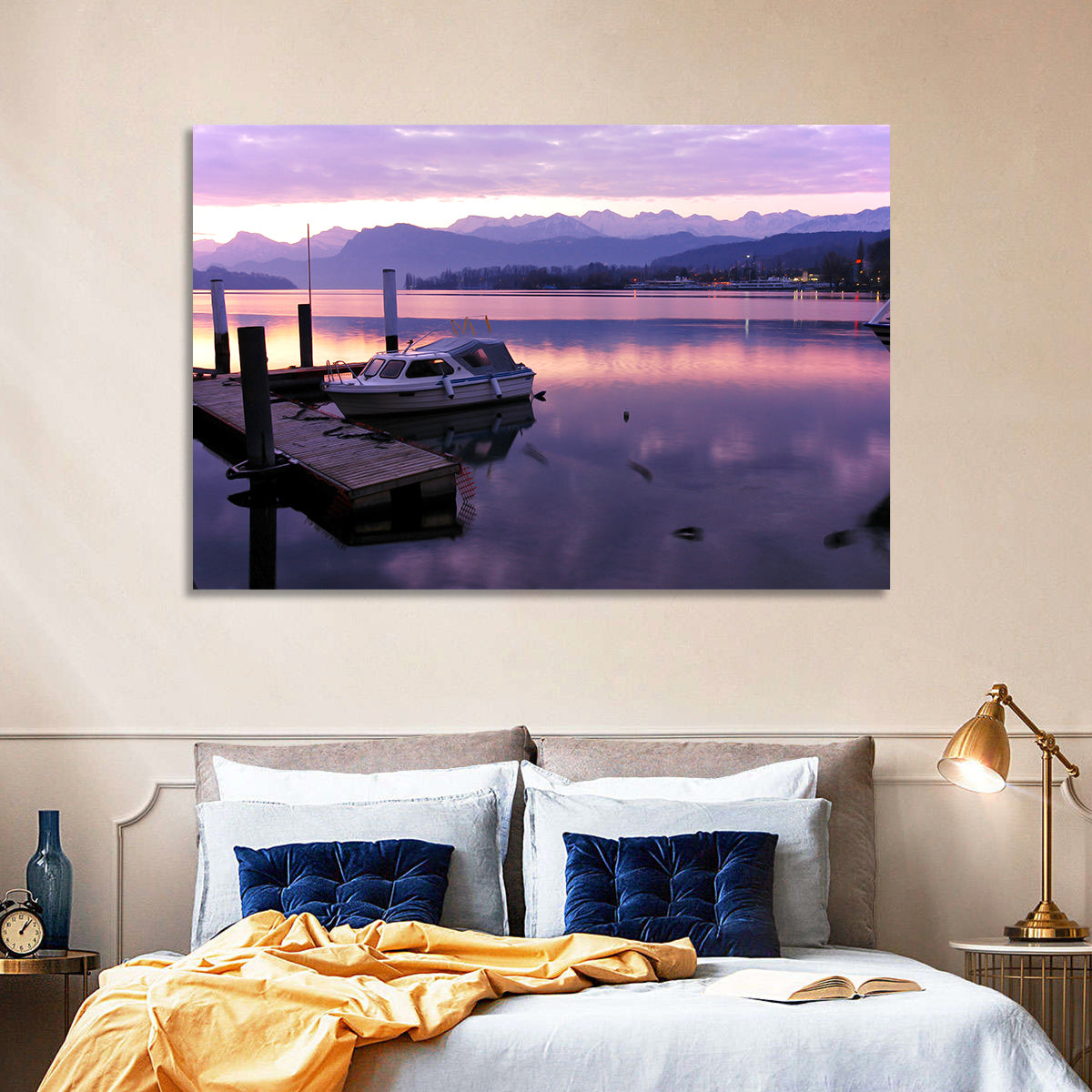 Lake Lucerne Pier at Dusk Wall Art in a room, landscape