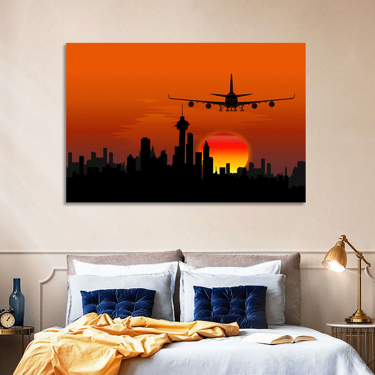 Approaching Jet Over Sunset Skyline Wall Art in a room, landscape