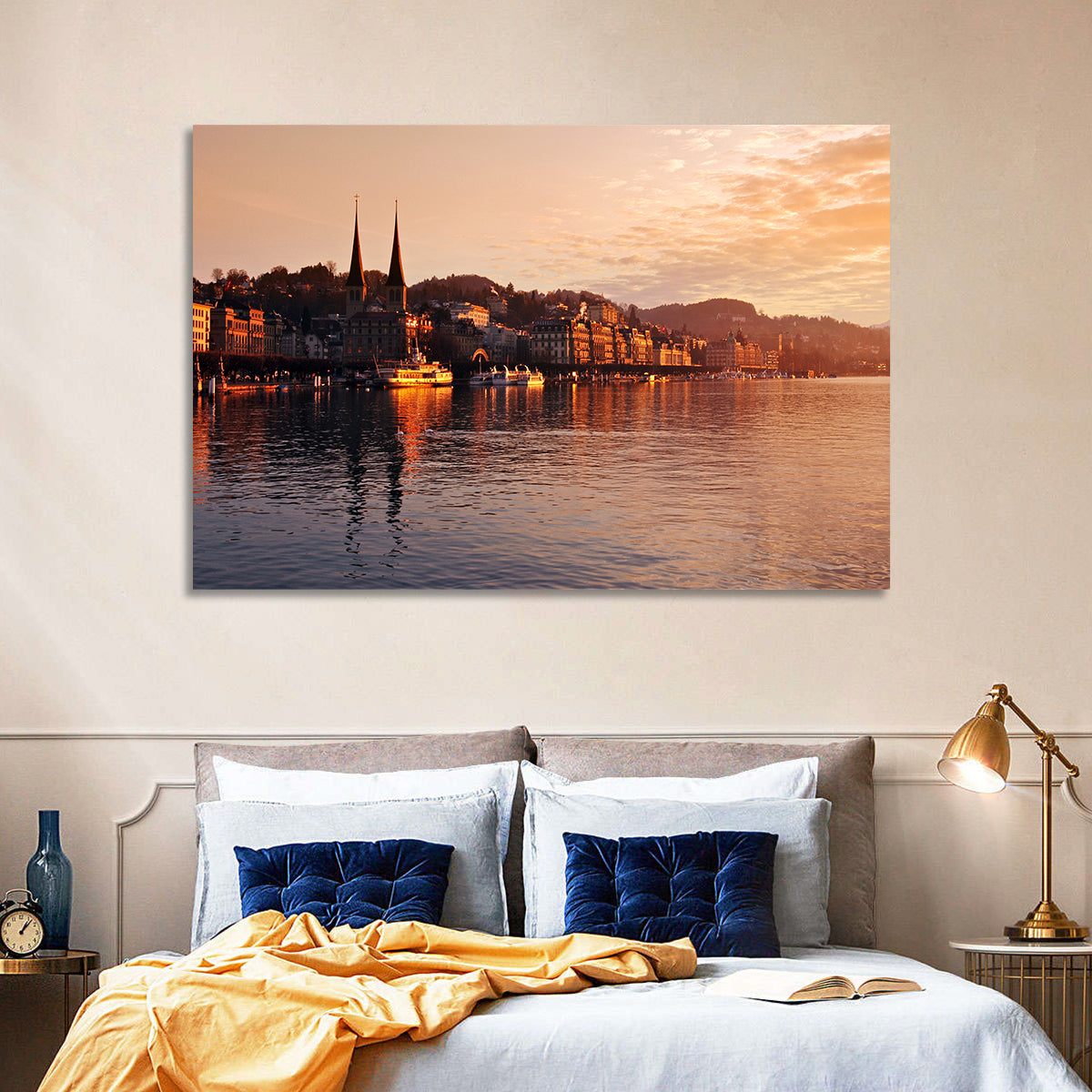 Lucerne Lake Sunset Skyline Wall Art in a room, landscape