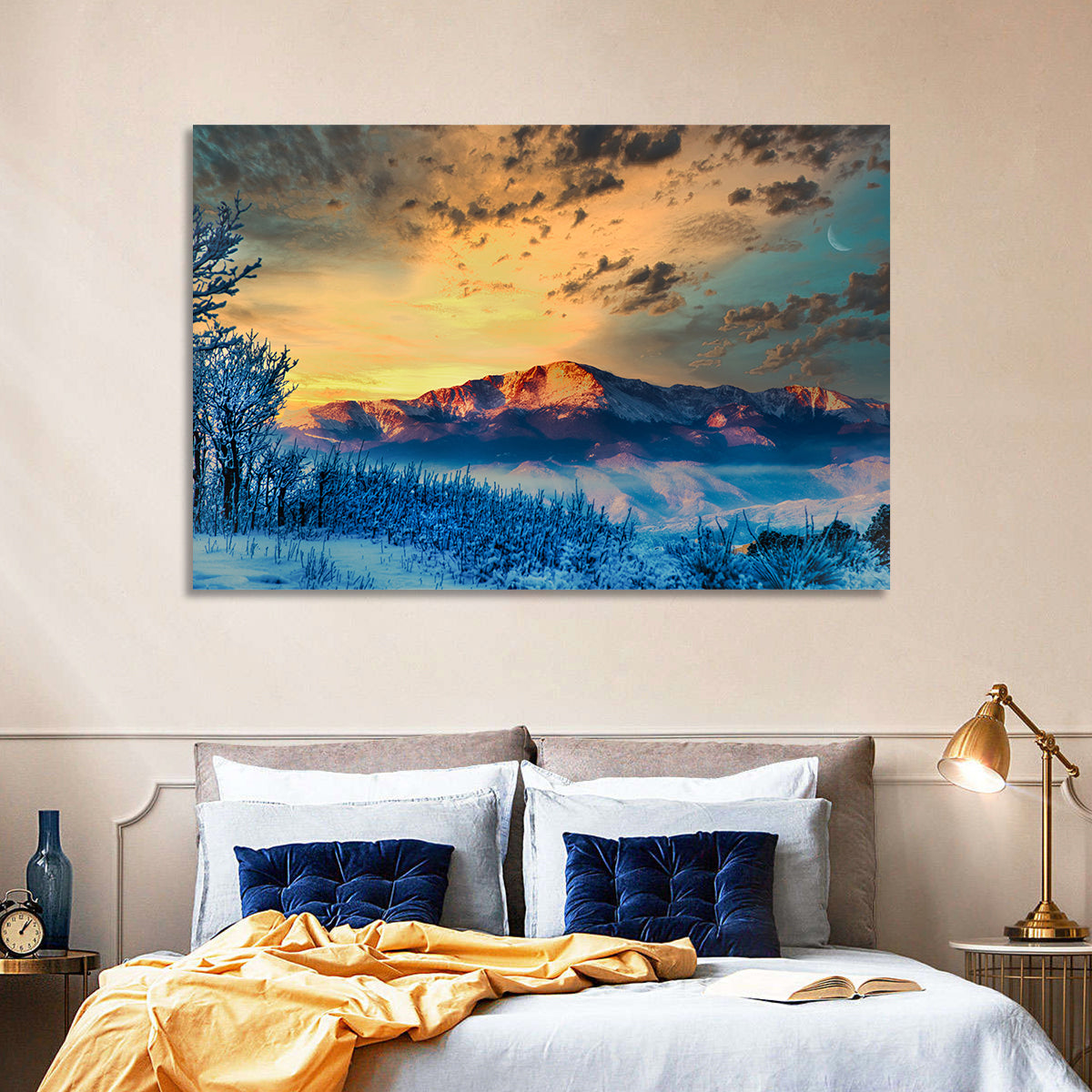 Pikes Peak Golden Sunset Wall Art in a room, landscape