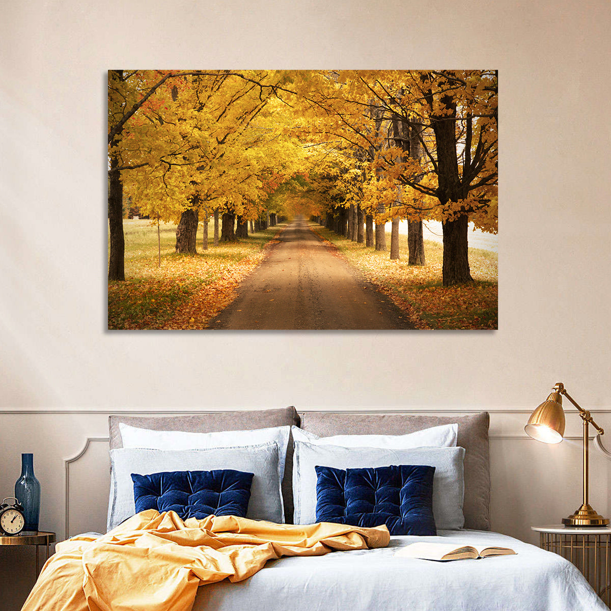 Golden Autumn Road Wall Art in a room, landscape