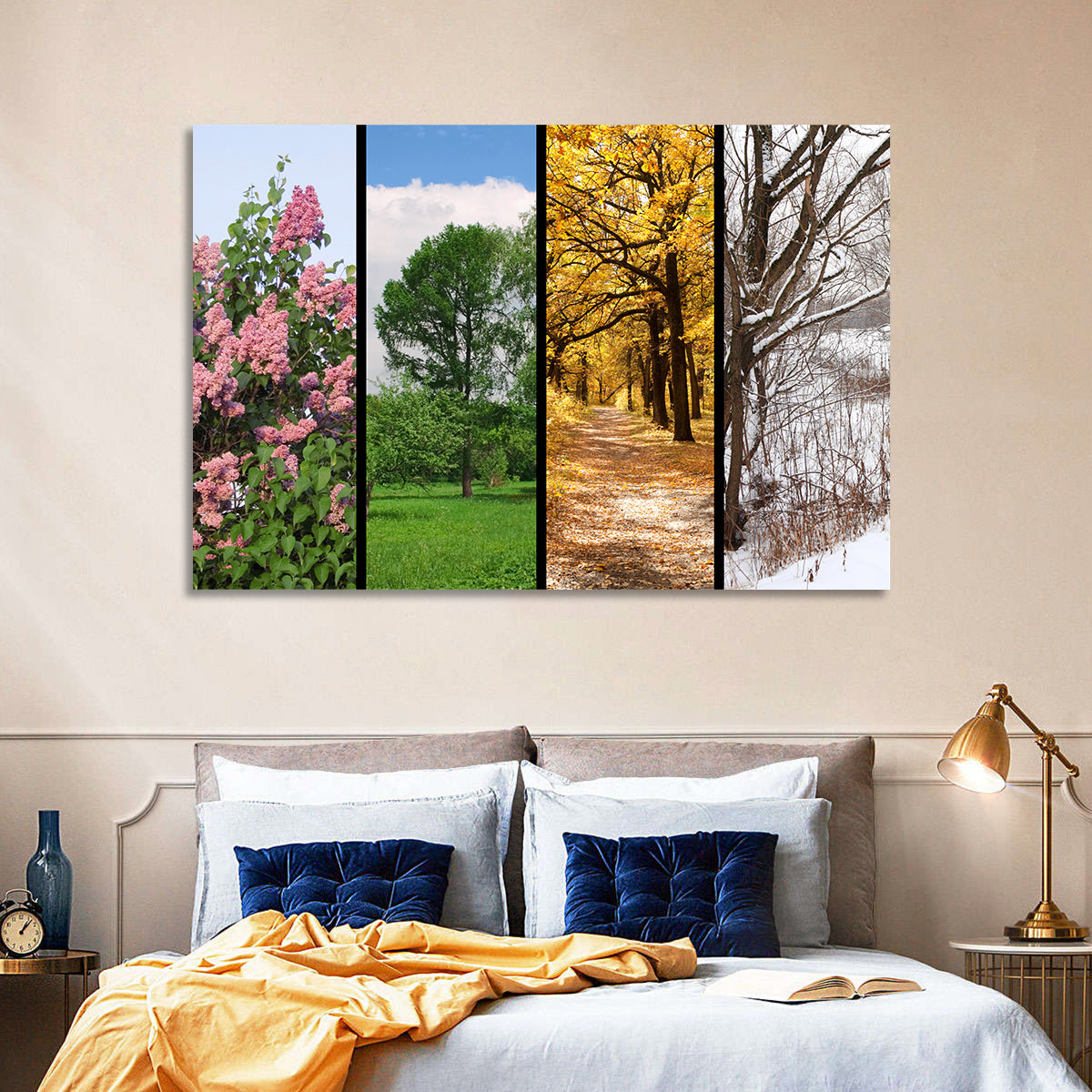 Four Seasons Tree Collage Wall Art in a room, landscape