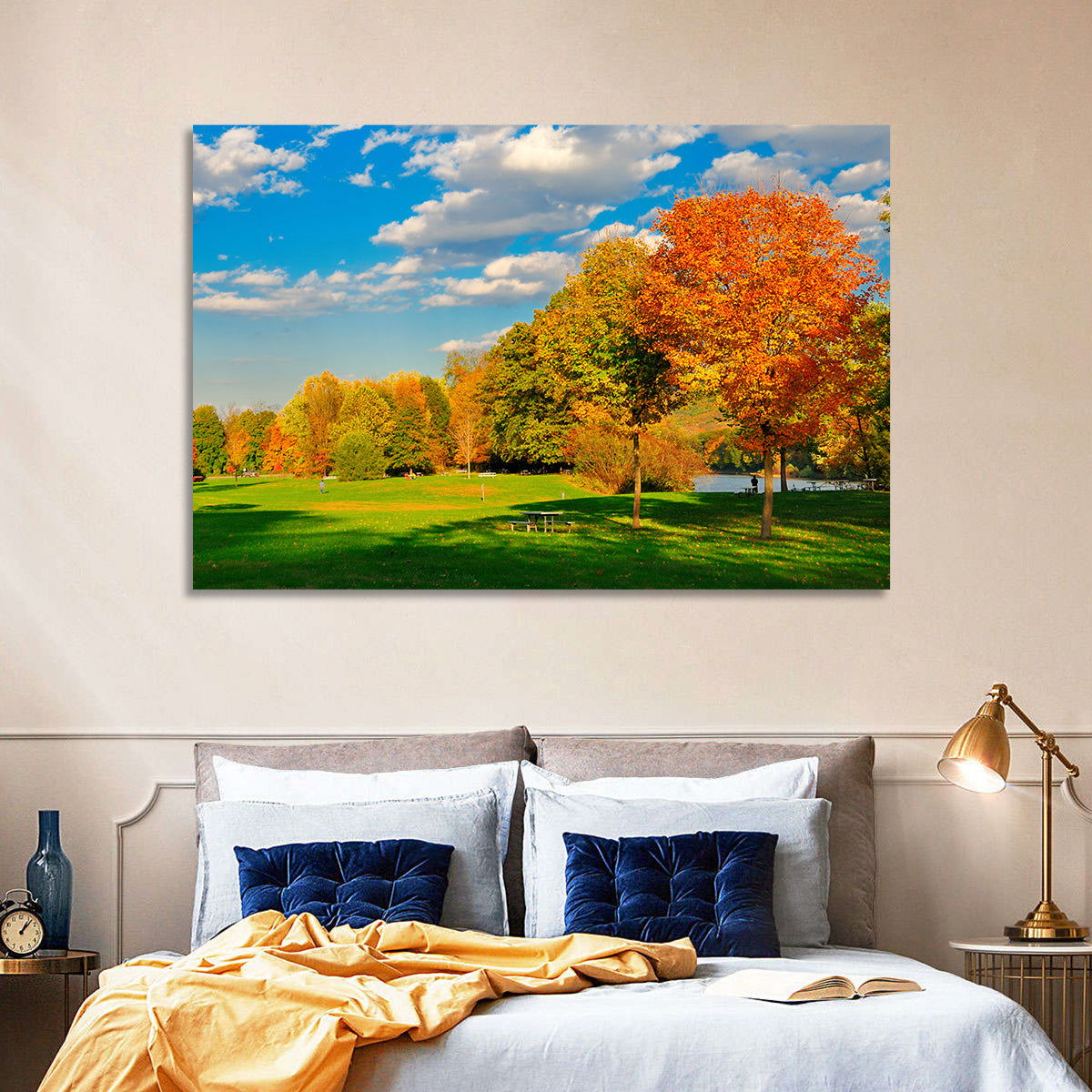 Autumn Trees and Lakeside Lawn Wall Art in a room, landscape