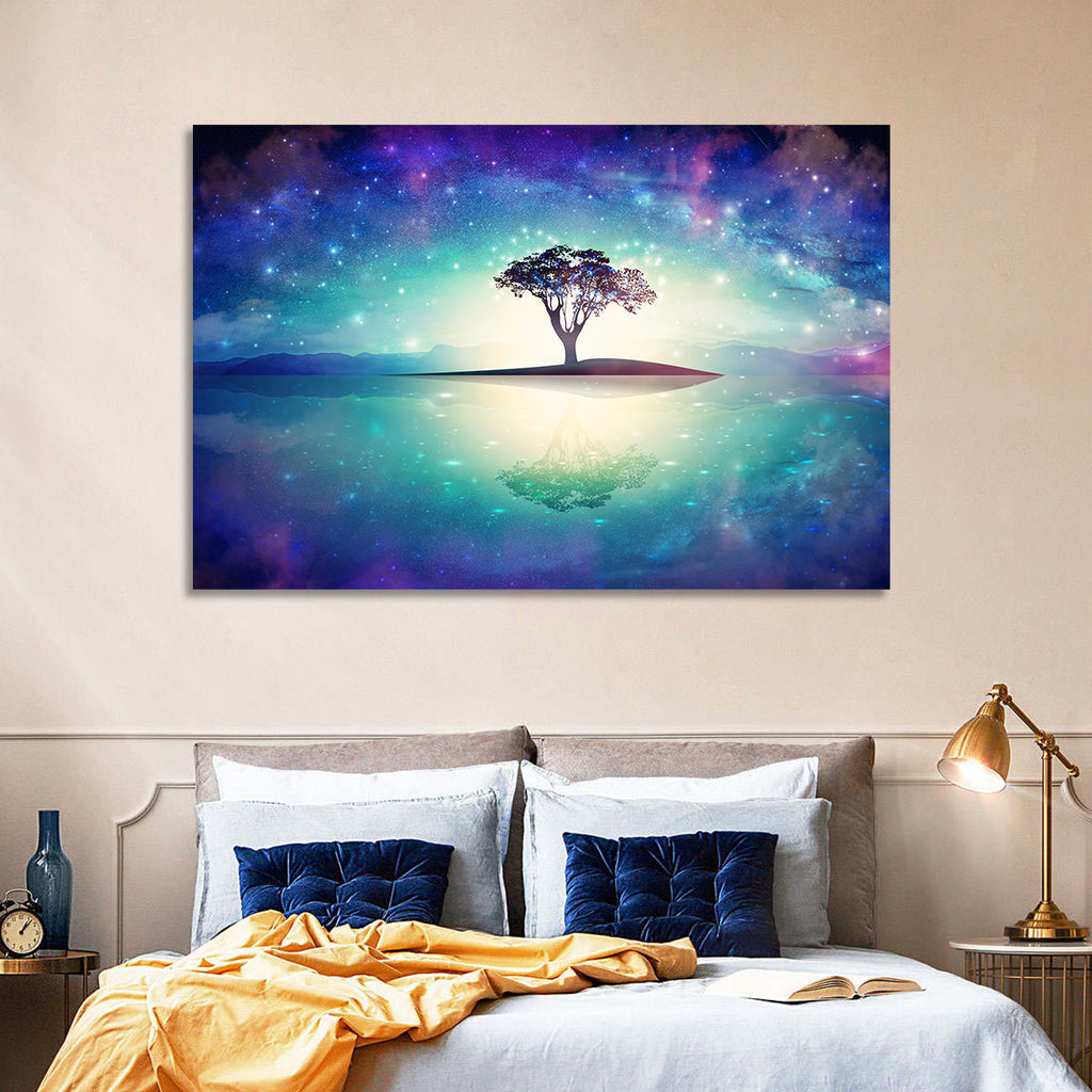 Glowing Island Tree Under Starry Nebula Wall Art