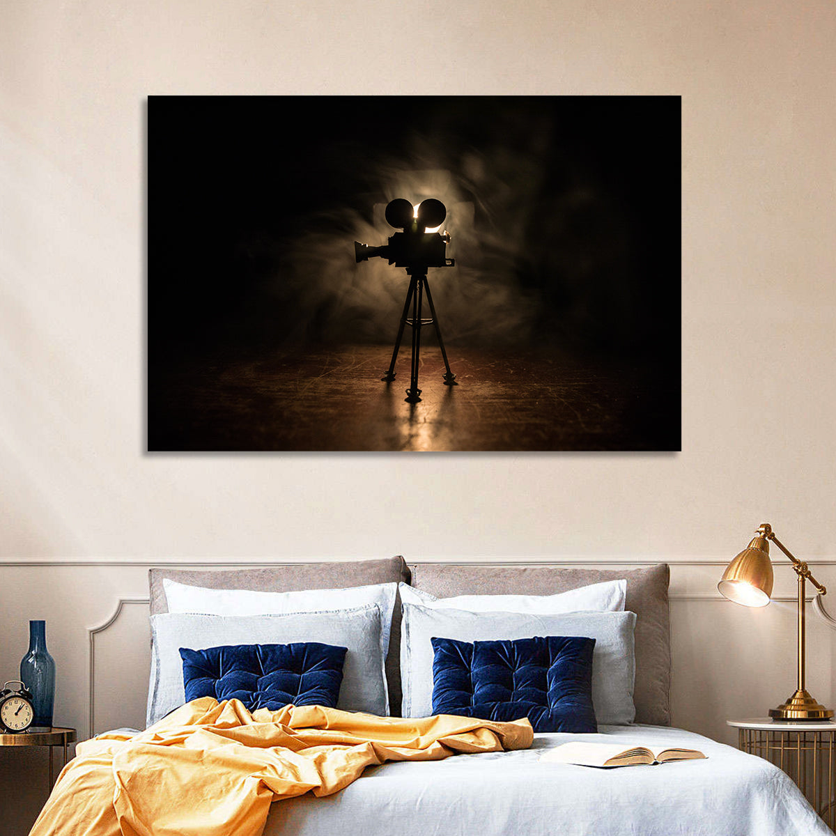 Backlit Vintage Movie Camera Wall Art in a room, landscape