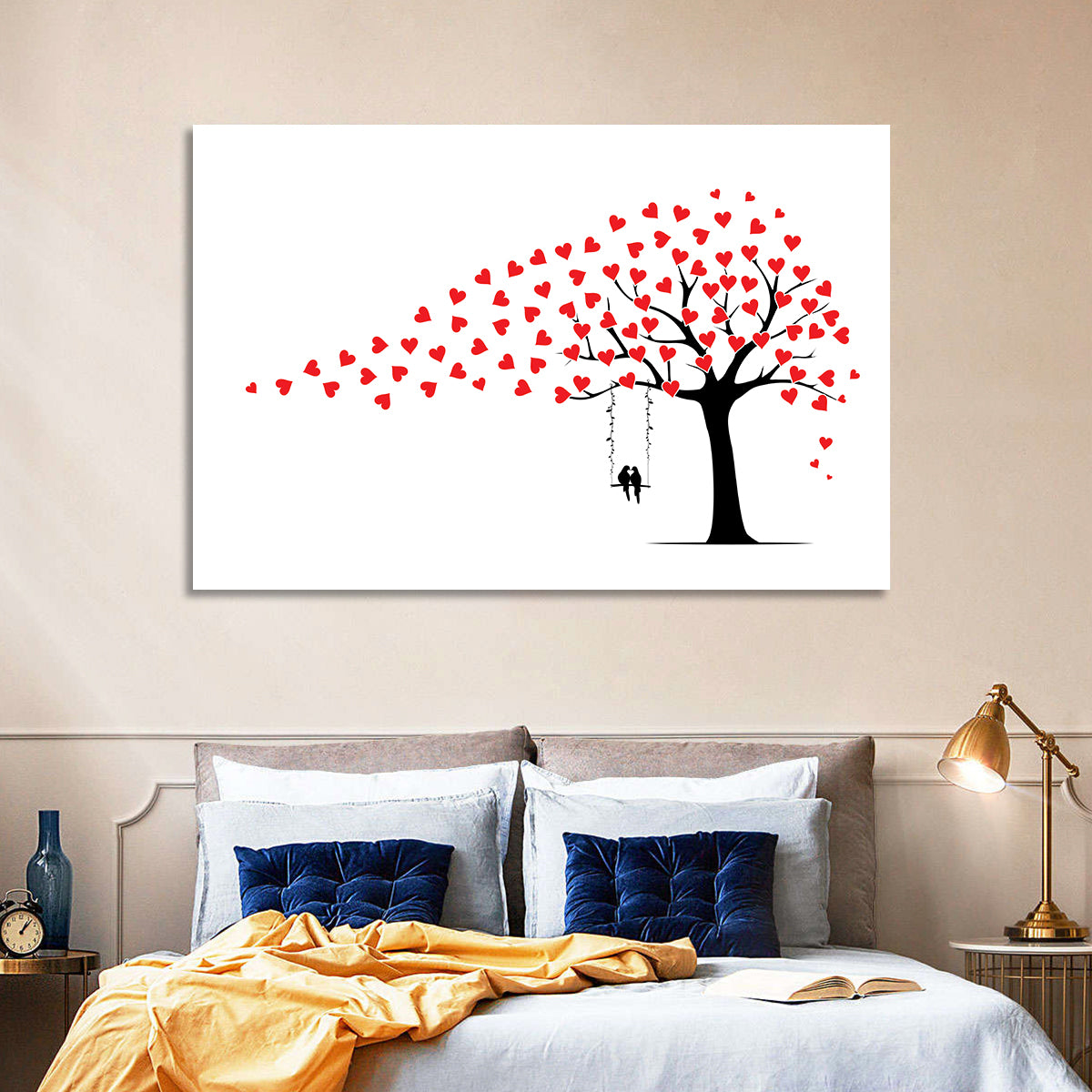 Heart Leaf Tree Silhouette Wall Art in a room, landscape