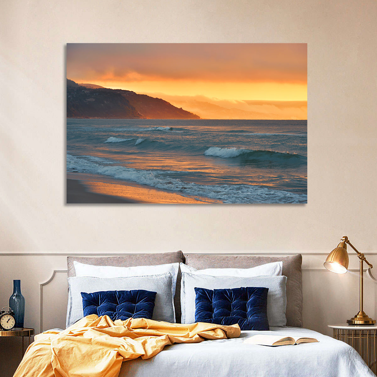 Cliffside Sunset Over Ocean Wall Art in a room, landscape
