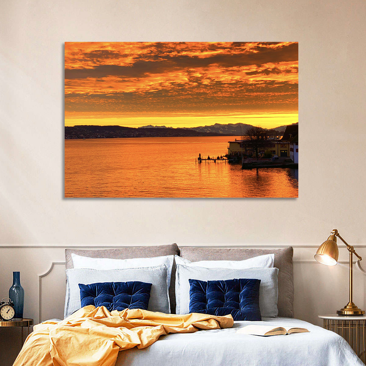 Lake Zurich Golden Sunset Wall Art in a room, landscape