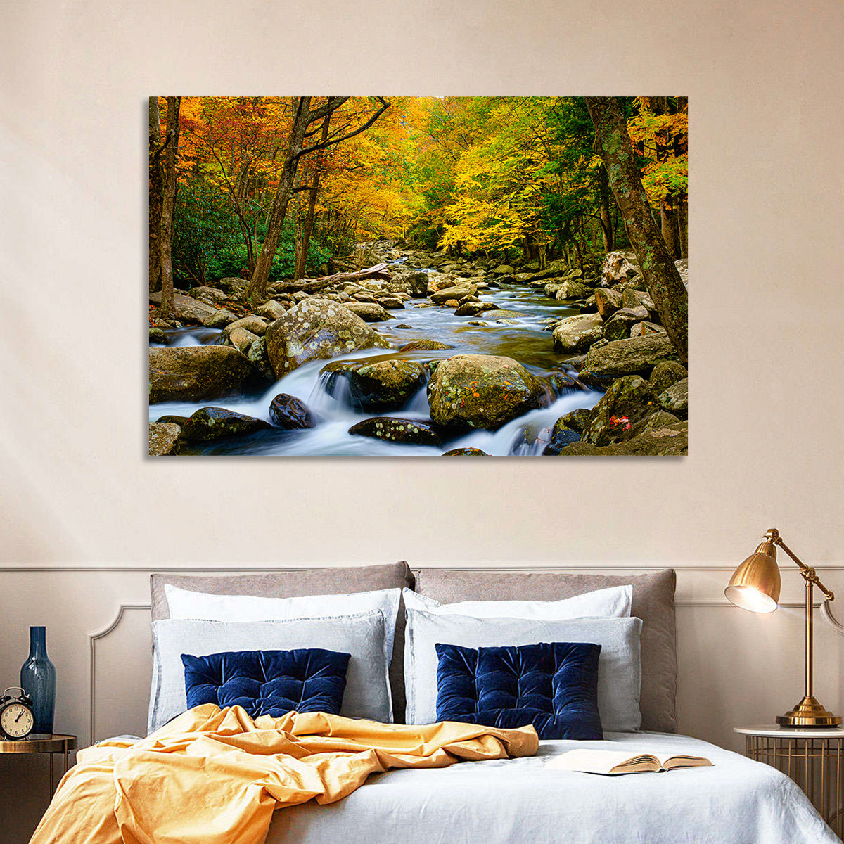 Autumn Stream Through Forest Wall Art in a room, landscape