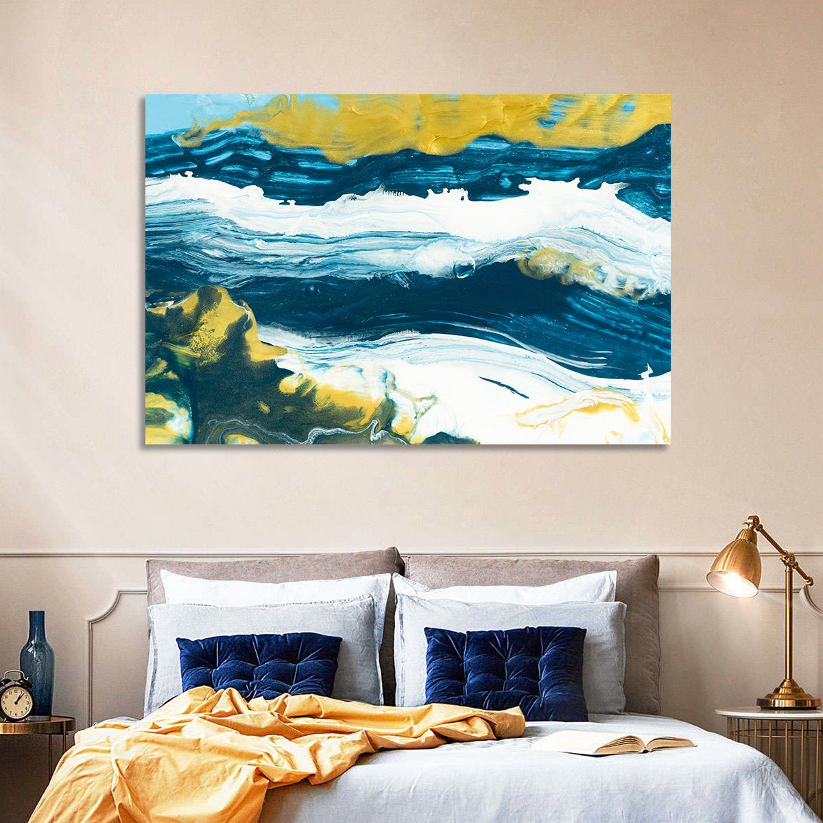 Flowing Streams with Gold Accents Wall Art in a room, landscape