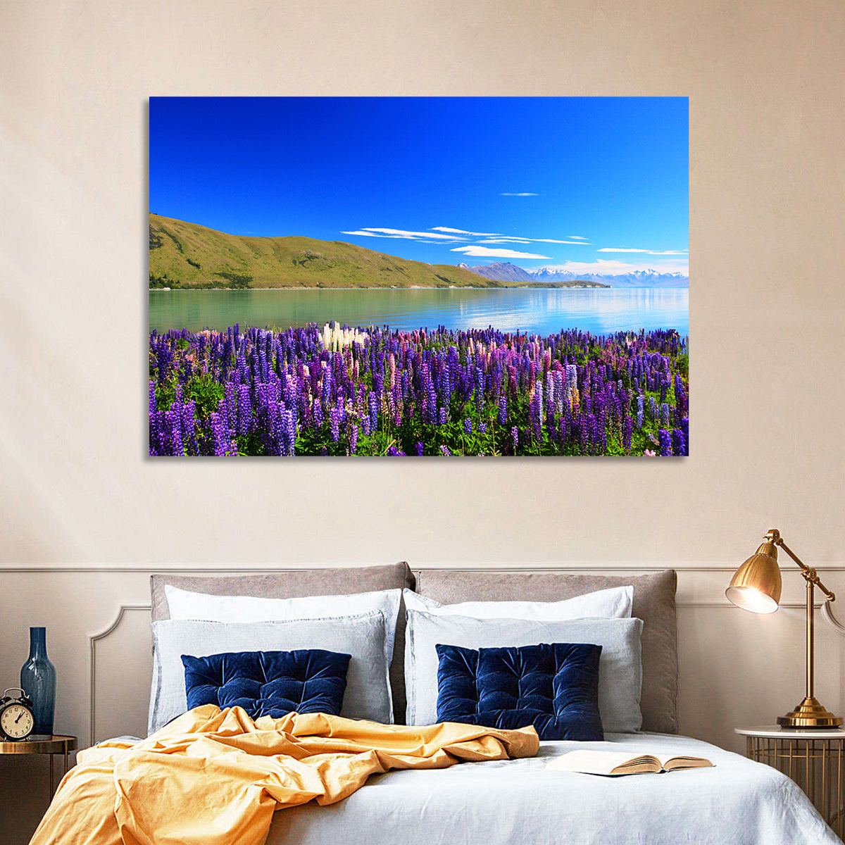 Lake Tekapo Lupine Fields Wall Art in a room, landscape