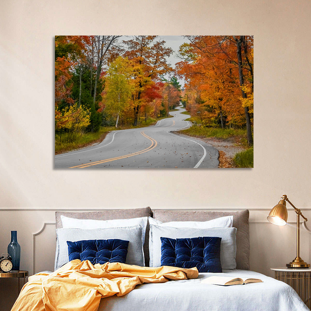 Winding Autumn Highway Wall Art in a room, landscape