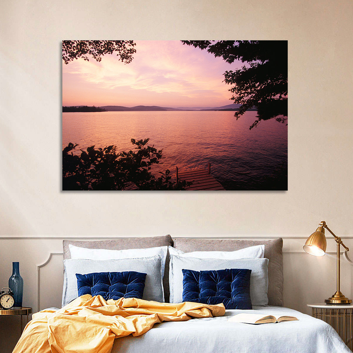 Lake Winnipesaukee Sunset Wall Art in a room, landscape