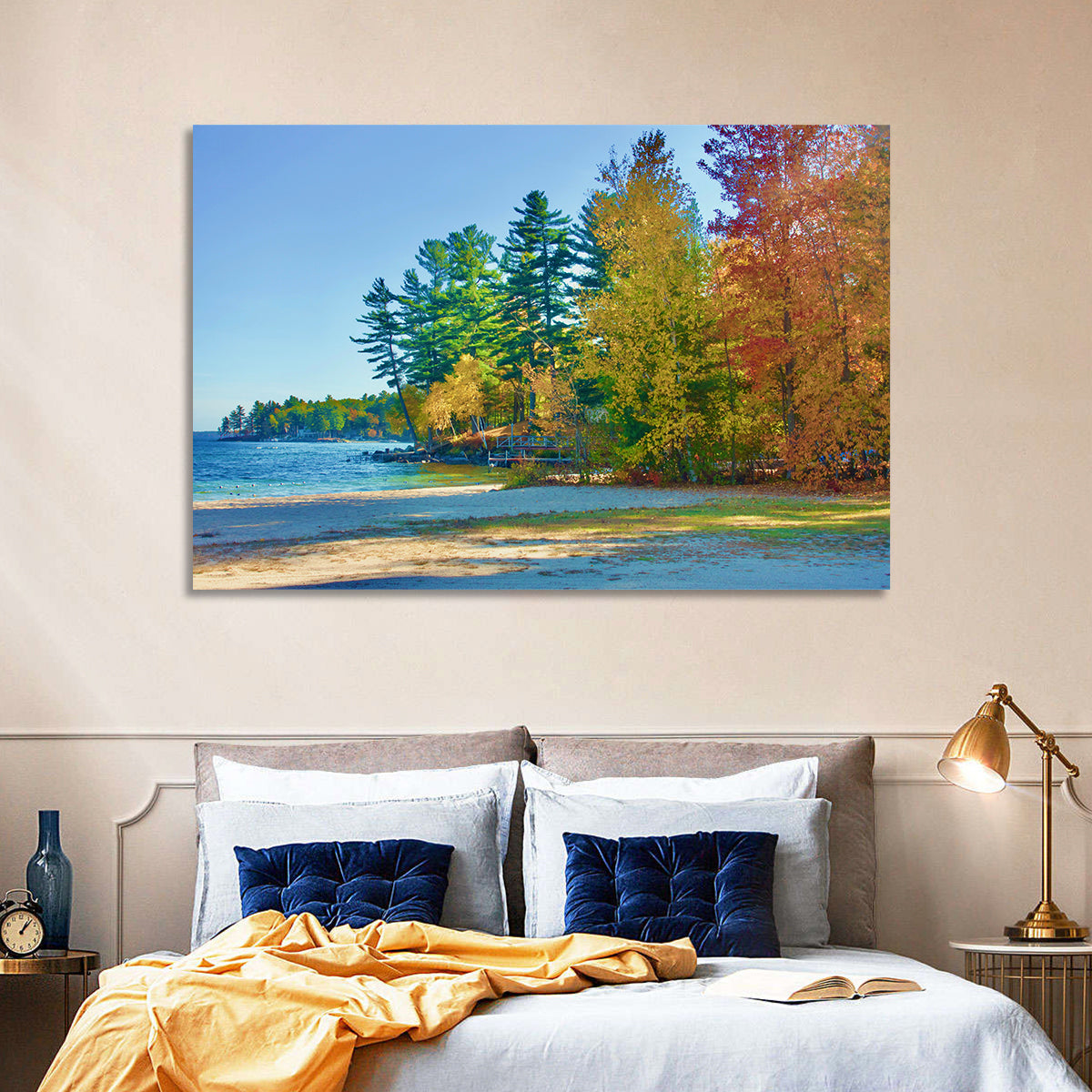Sebago Lake Pier in Autumn Wall Art in a room, landscape