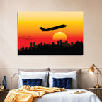 Airplane Over Sunset Skyline Wall Art