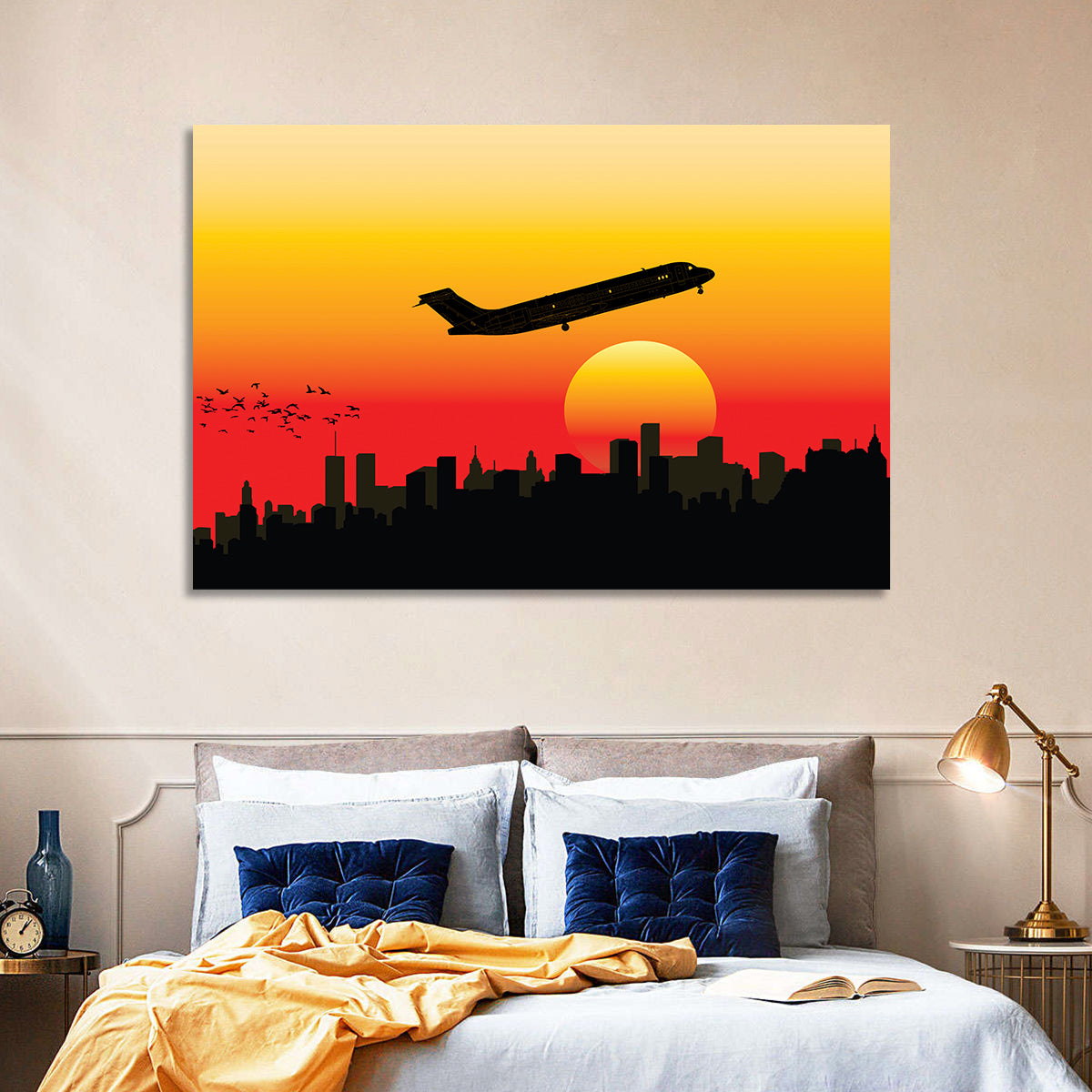 Airplane Over Sunset Skyline Wall Art