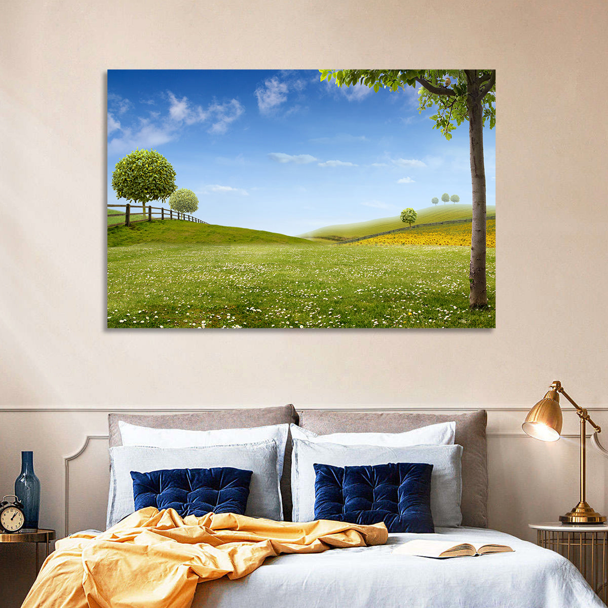 Green Sunflower Fields Wall Art in a room, landscape