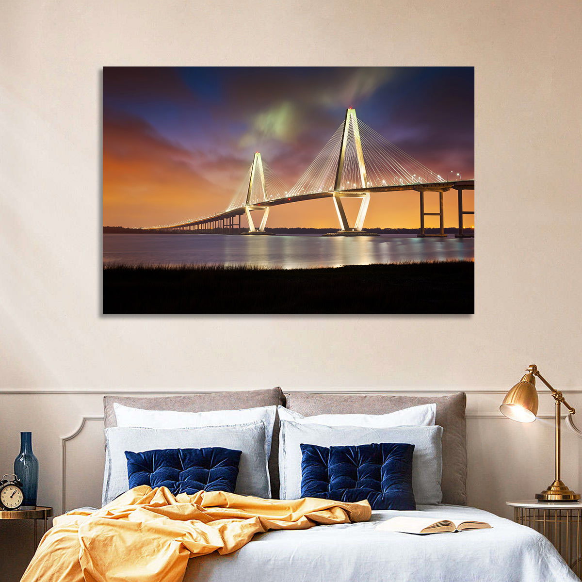 Arthur Ravenel Jr. Bridge at Dusk Wall Art in a room, landscape