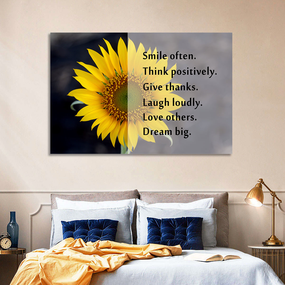 Sunflower Smile Typography Wall Art in a room, landscape