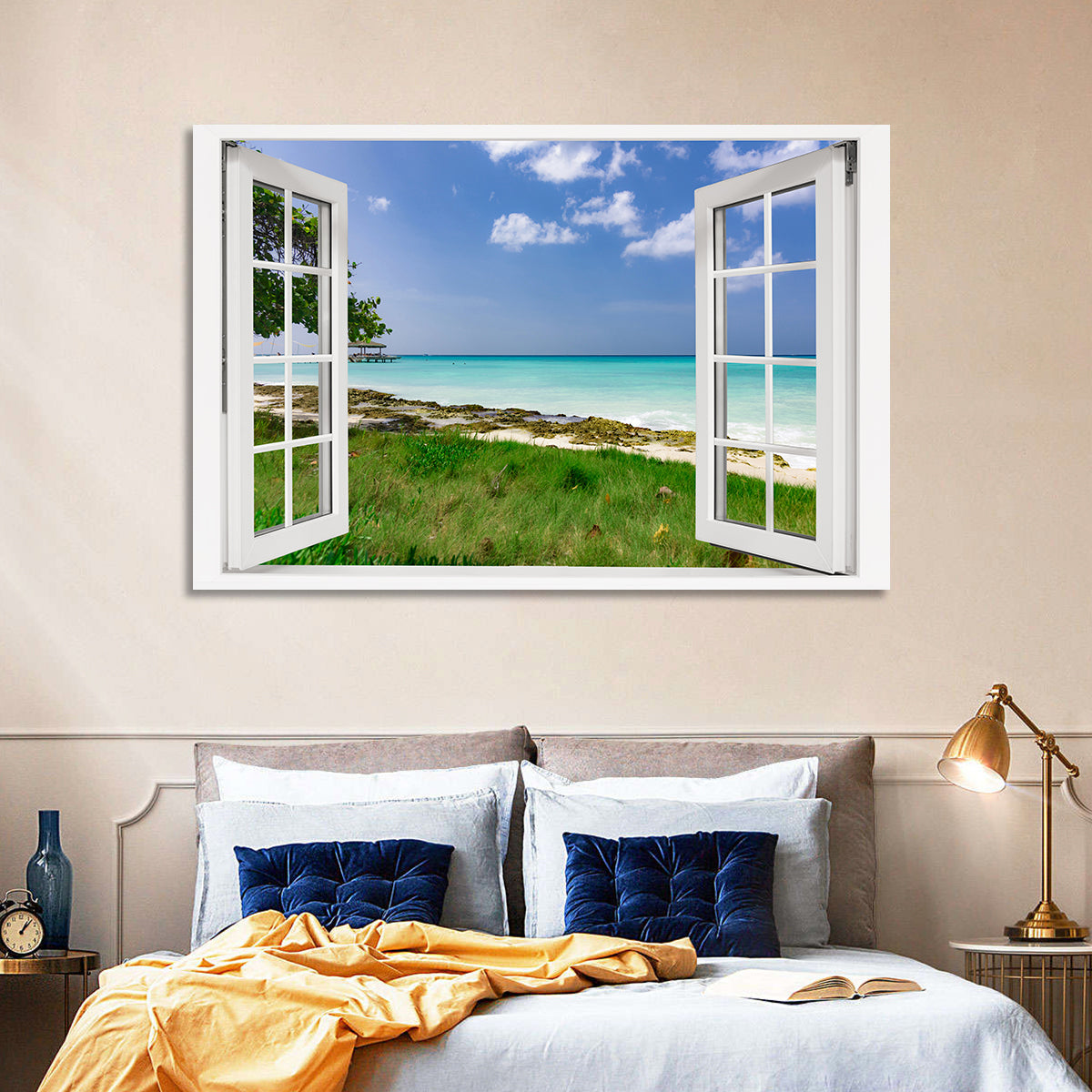 Gazebo on Pier Over Turquoise Ocean Wall Art in a room, landscape