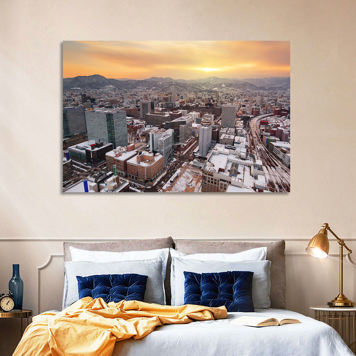 Sapporo Station Skyline at Golden Hour Wall Art in a room, landscape