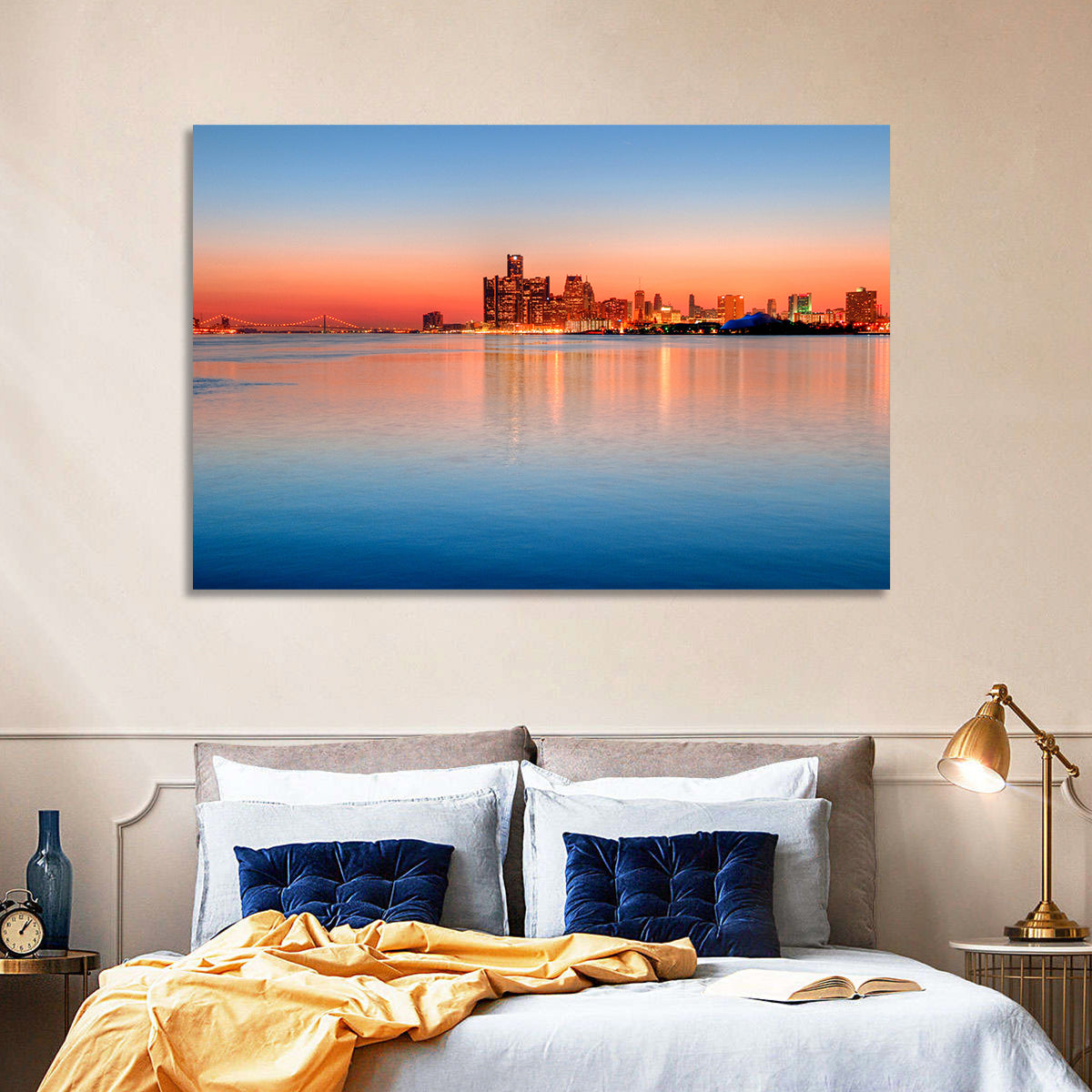 Detroit Golden Hour Skyline Wall Art in a room, landscape