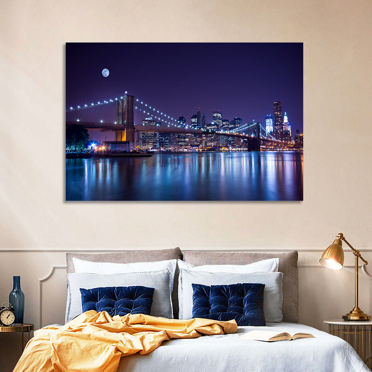Brooklyn Bridge Moonlit Reflections Wall Art in a room, landscape