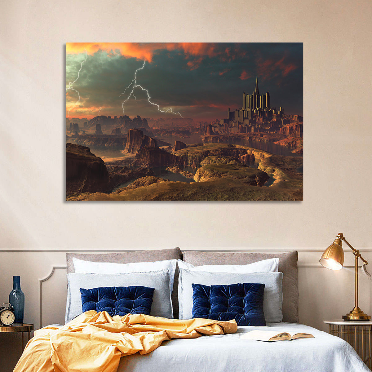 Dusk Storm Over Alien Fortress Wall Art in a room, landscape