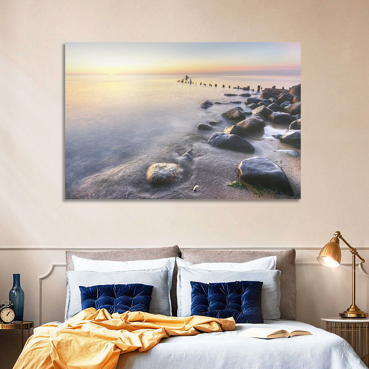 Michigan Shoreline Pilings Wall Art in a room, landscape