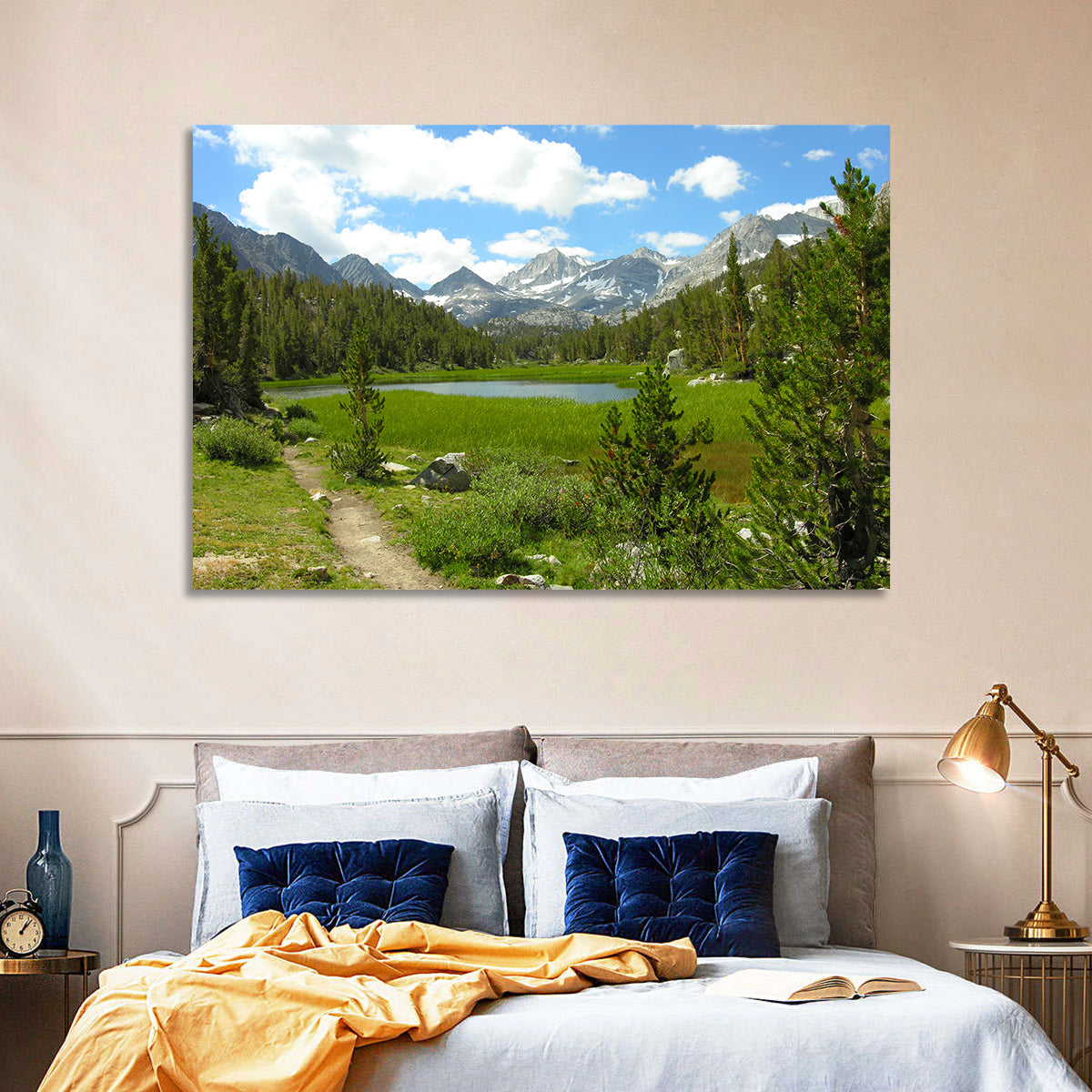Sierra Nevada Trail to Snow Capped Peaks Wall Art in a room, landscape