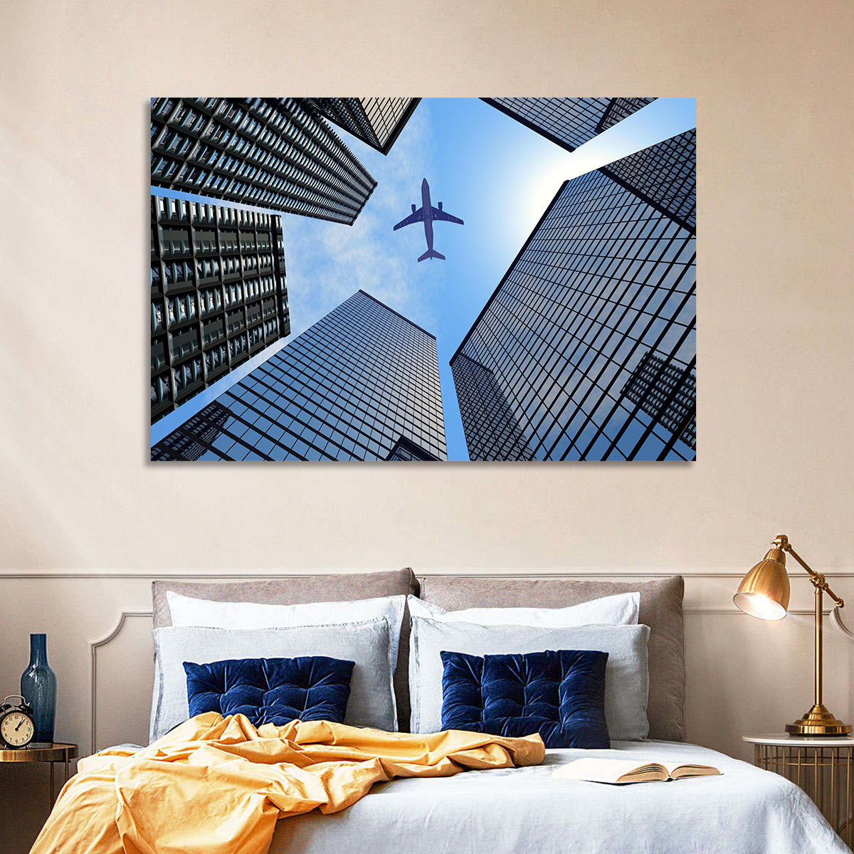 Airplane Above Skyscrapers Wall Art in a room, landscape
