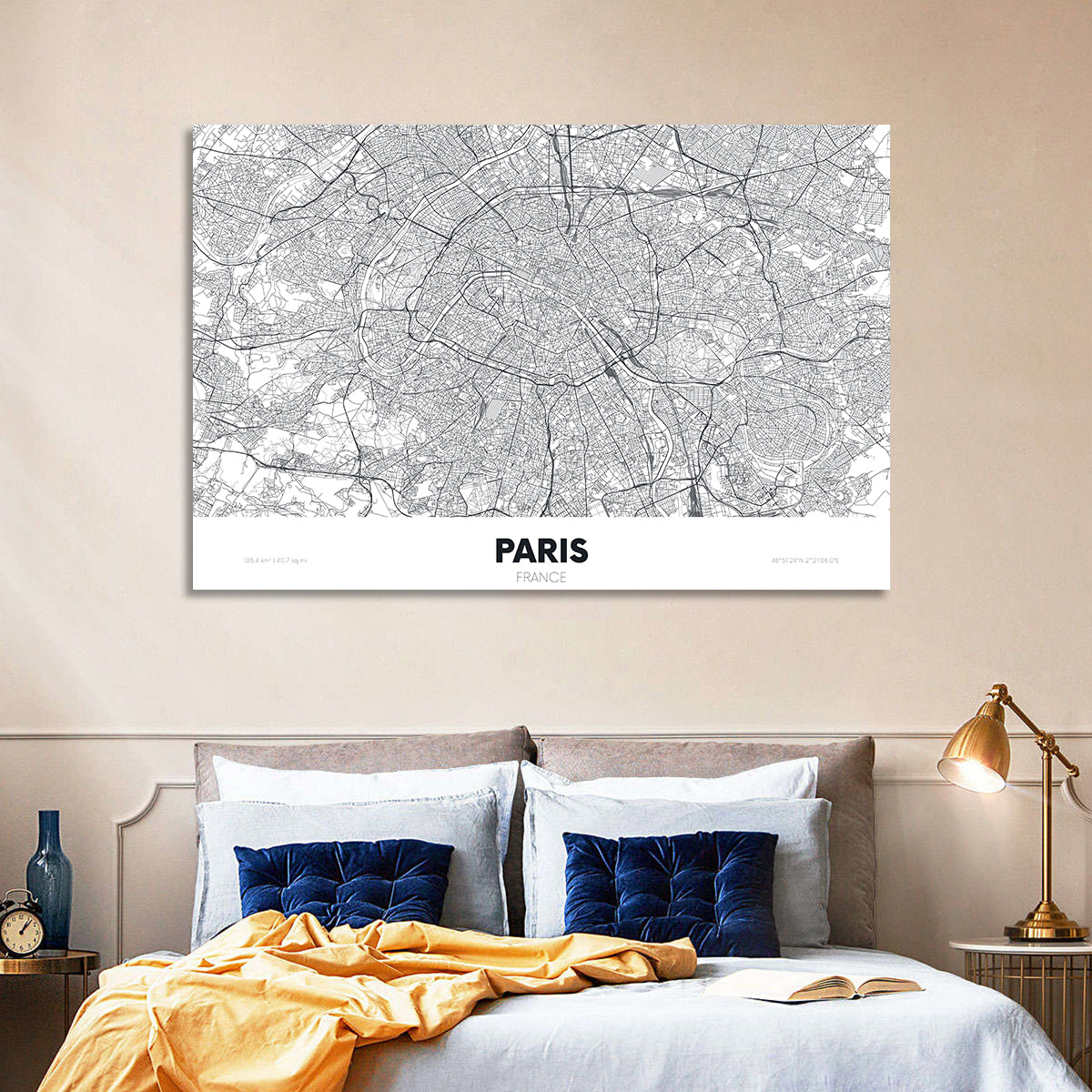 Paris Aerial Map Wall Art in a room, landscape