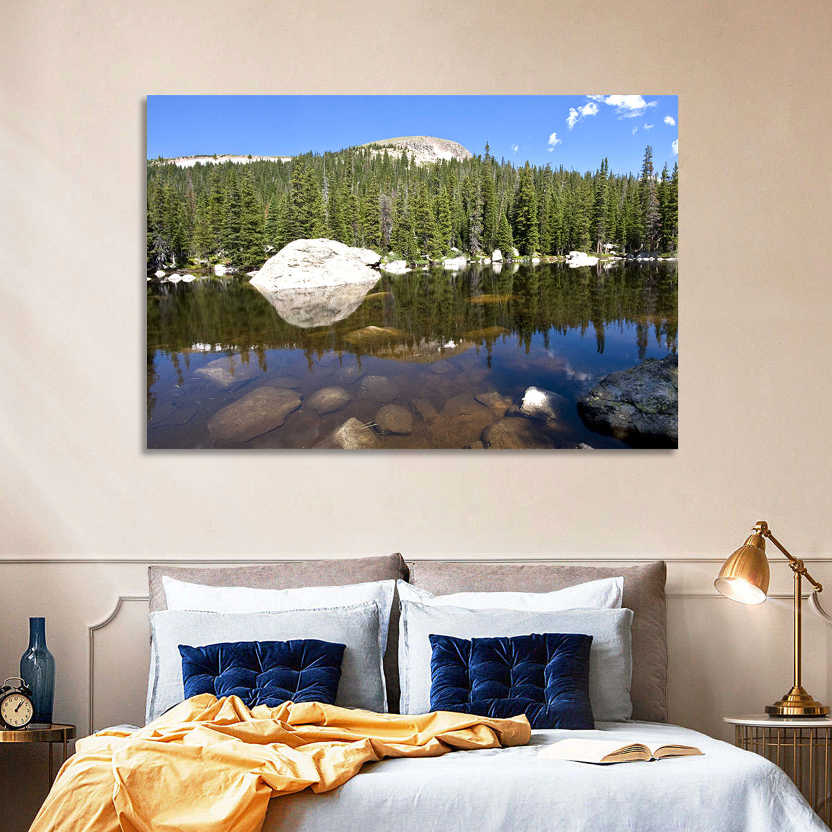 Colorado Forest Lake Reflection Wall Art in a room, landscape