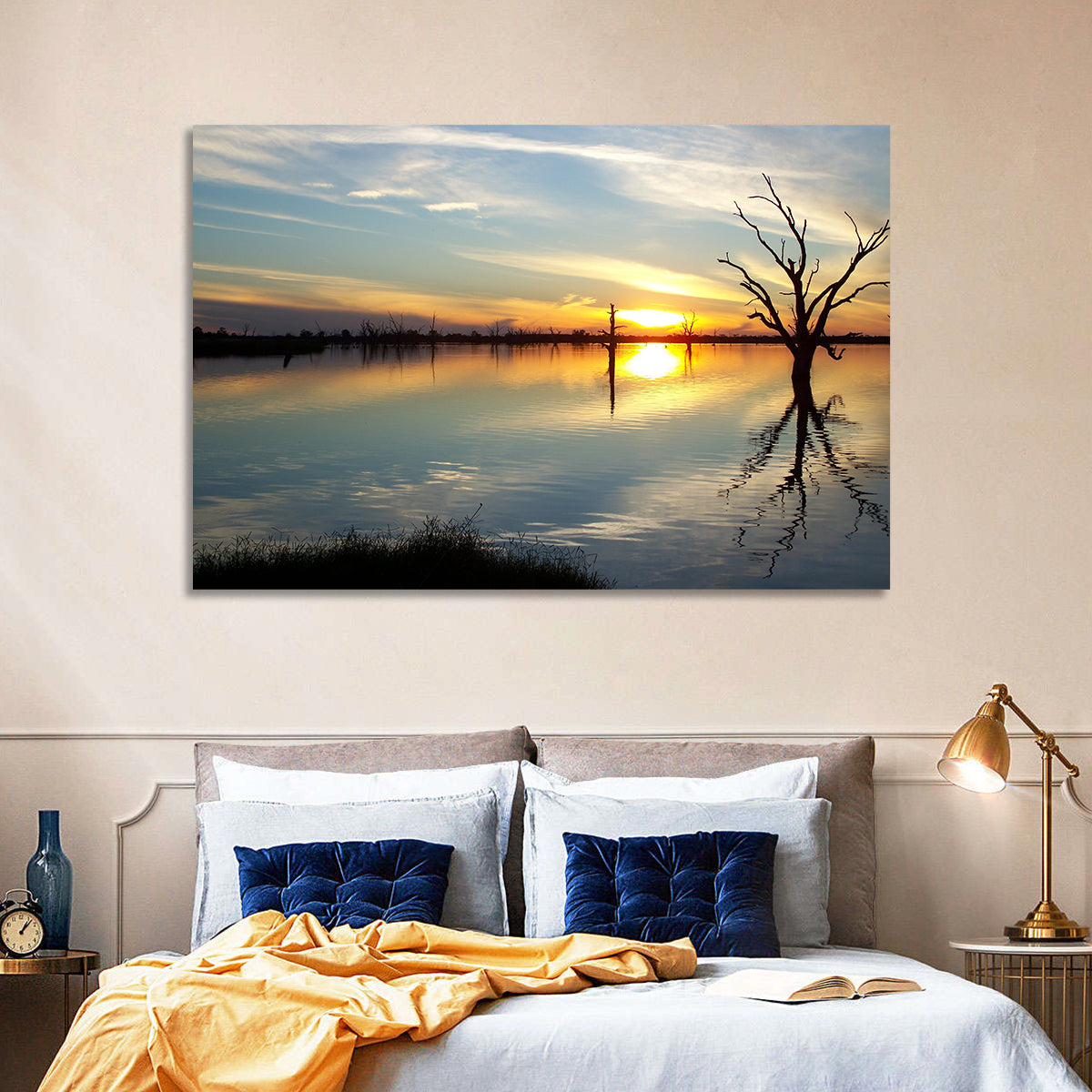 Murray River Sunset Reflection Wall Art in a room, landscape
