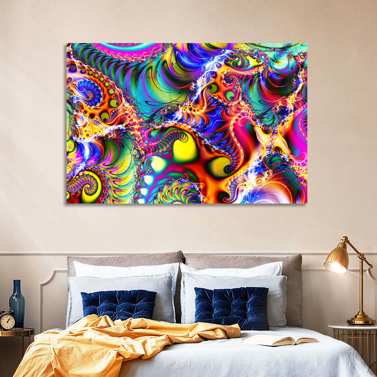 Chromatic Fractal Swirls Wall Art in a room, landscape