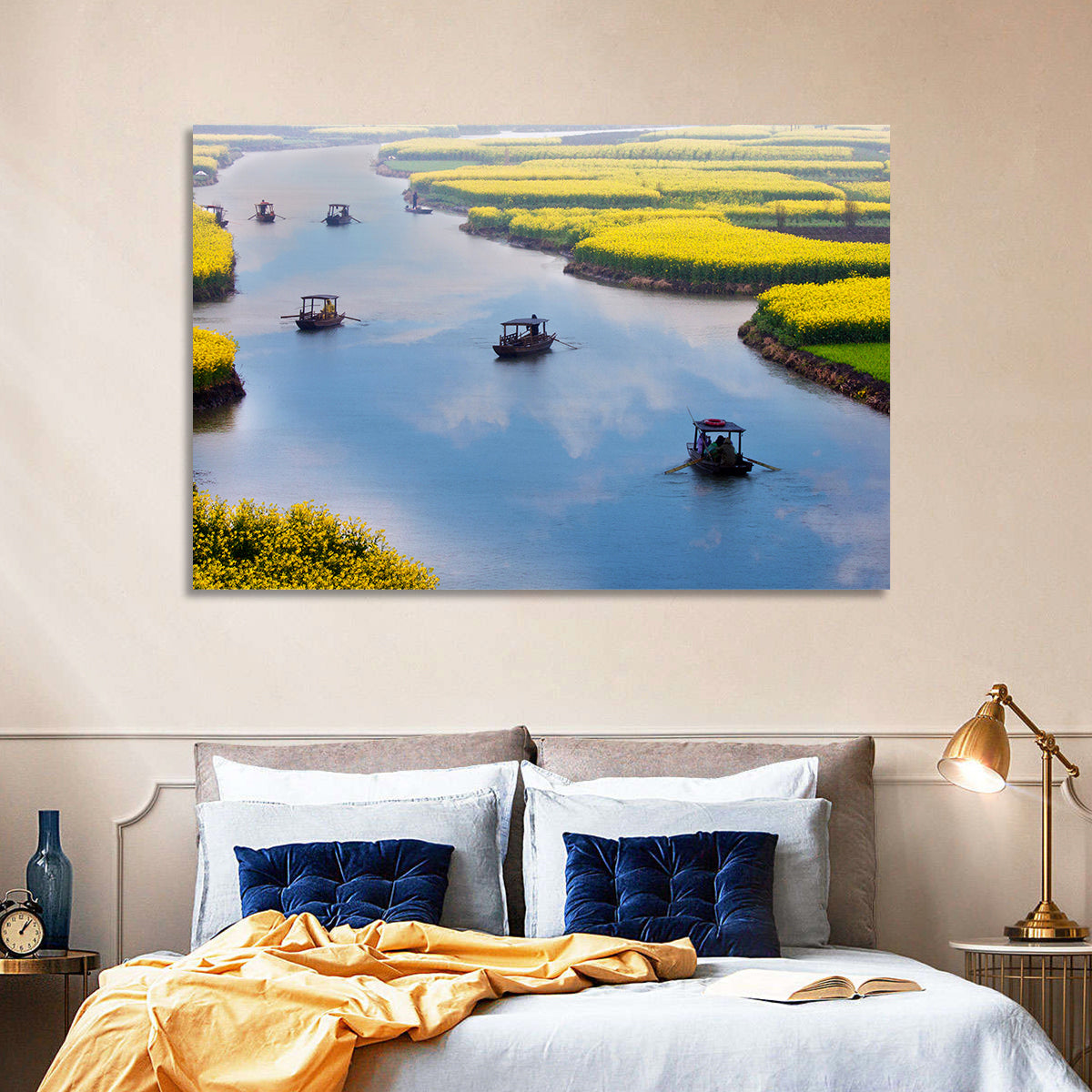 Spring River Rowboats in Rapeseed Fields Wall Art in a room, landscape