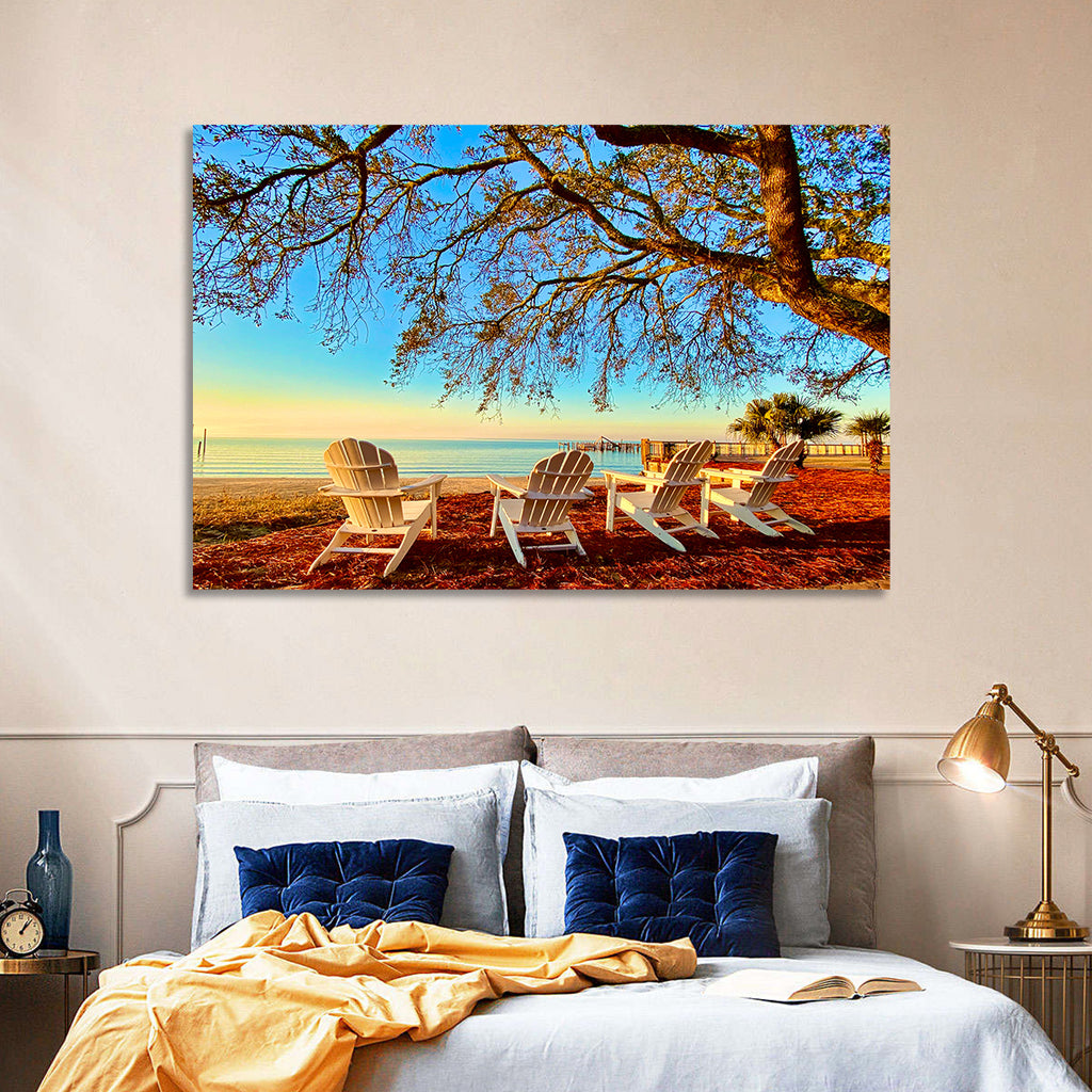 Mobile Bay Adirondack Chairs at Sunrise Wall Art