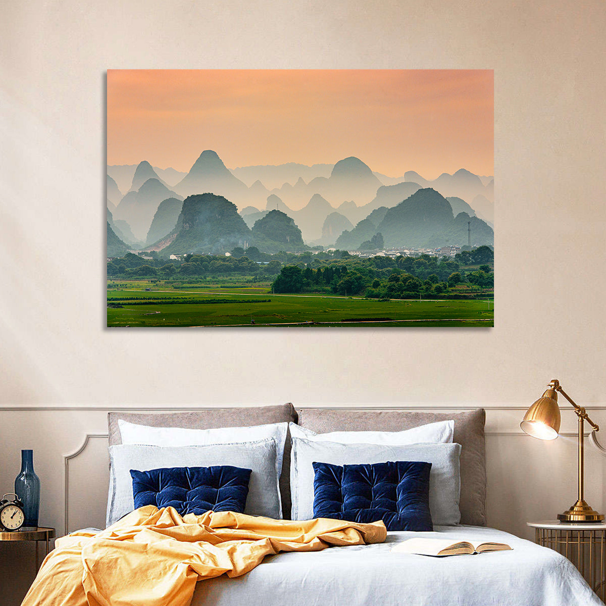 Misty Karst Mountains Wall Art in a room, landscape