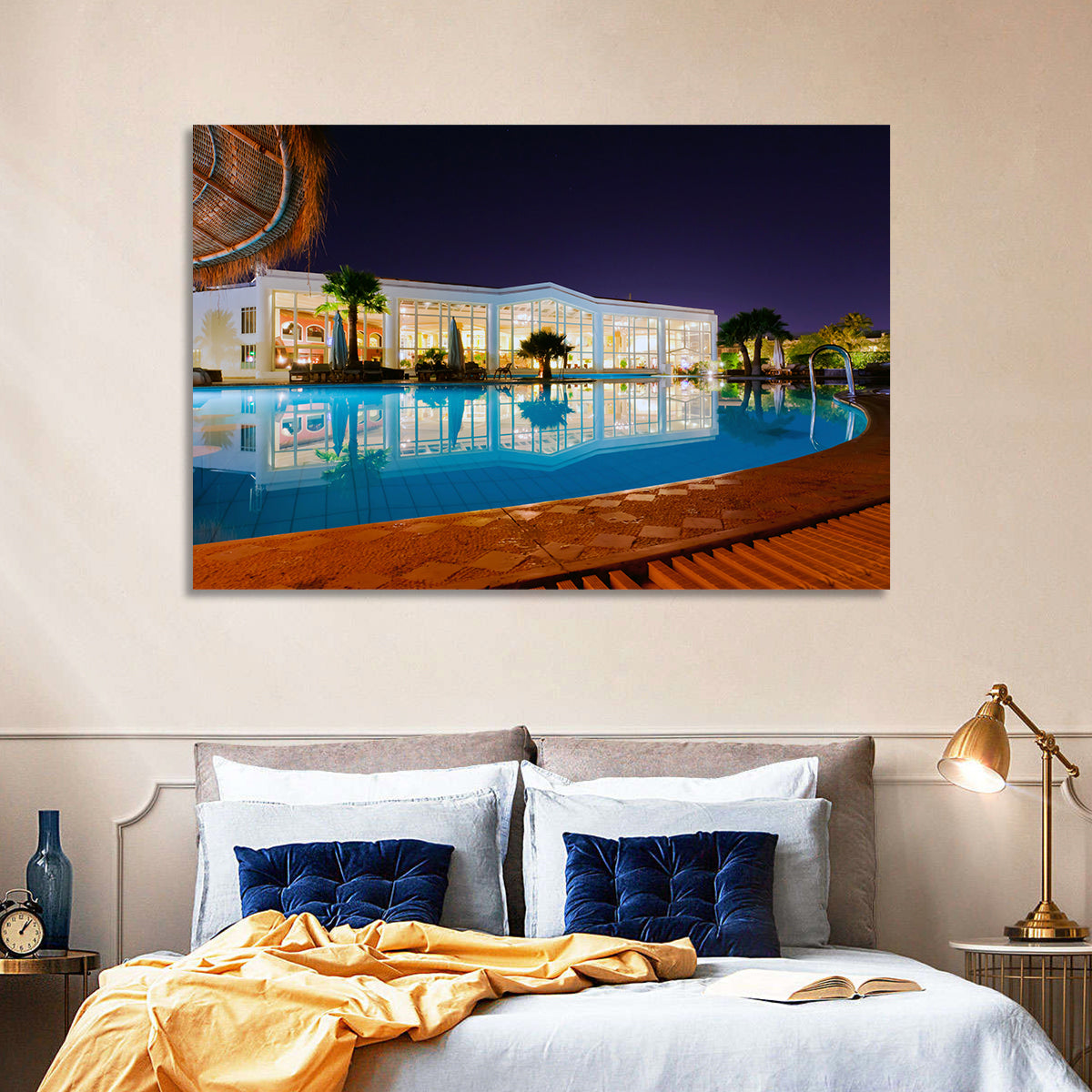 Moonlit Resort Pool Reflection Wall Art in a room, landscape
