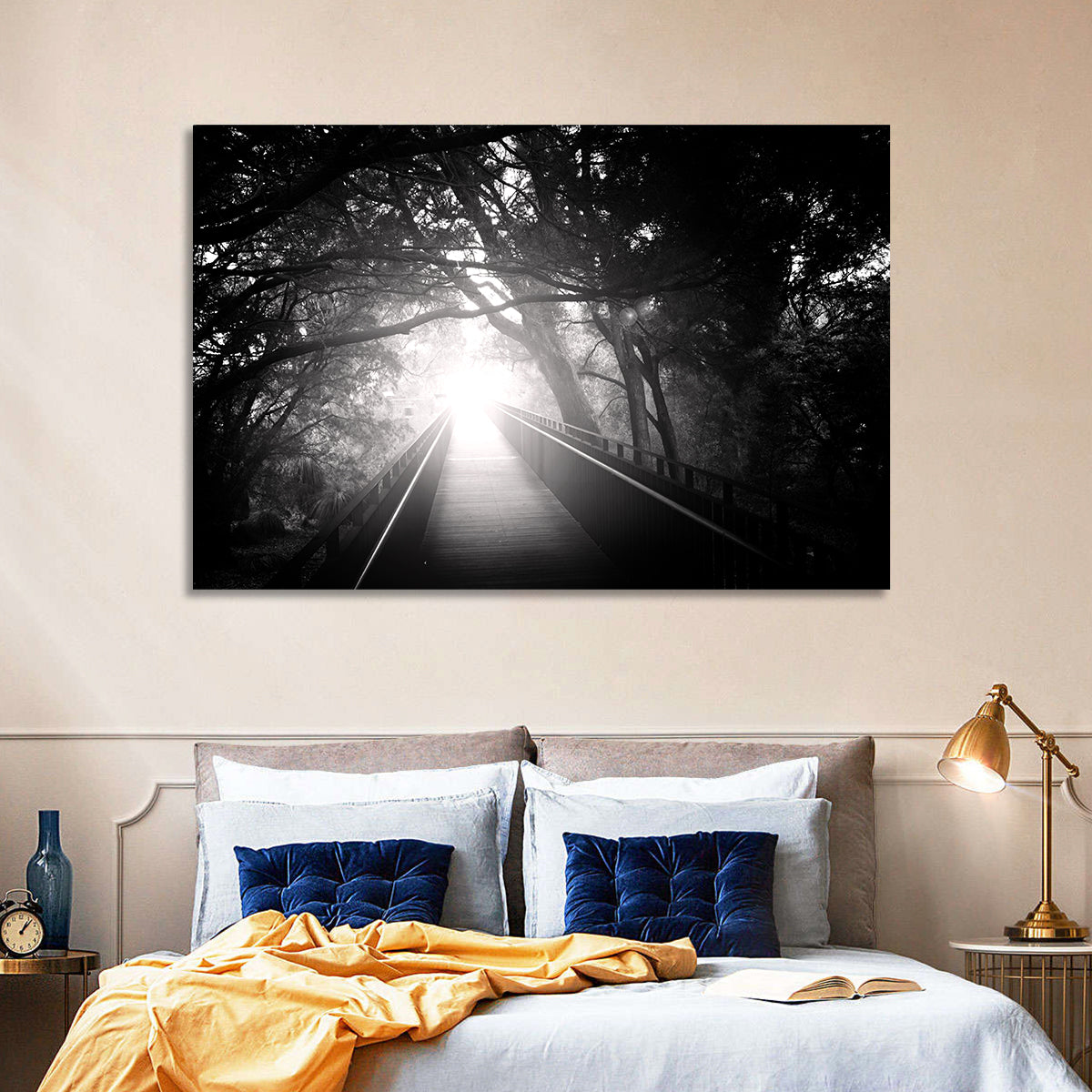 Foggy Forest Bridge Wall Art in a room, landscape