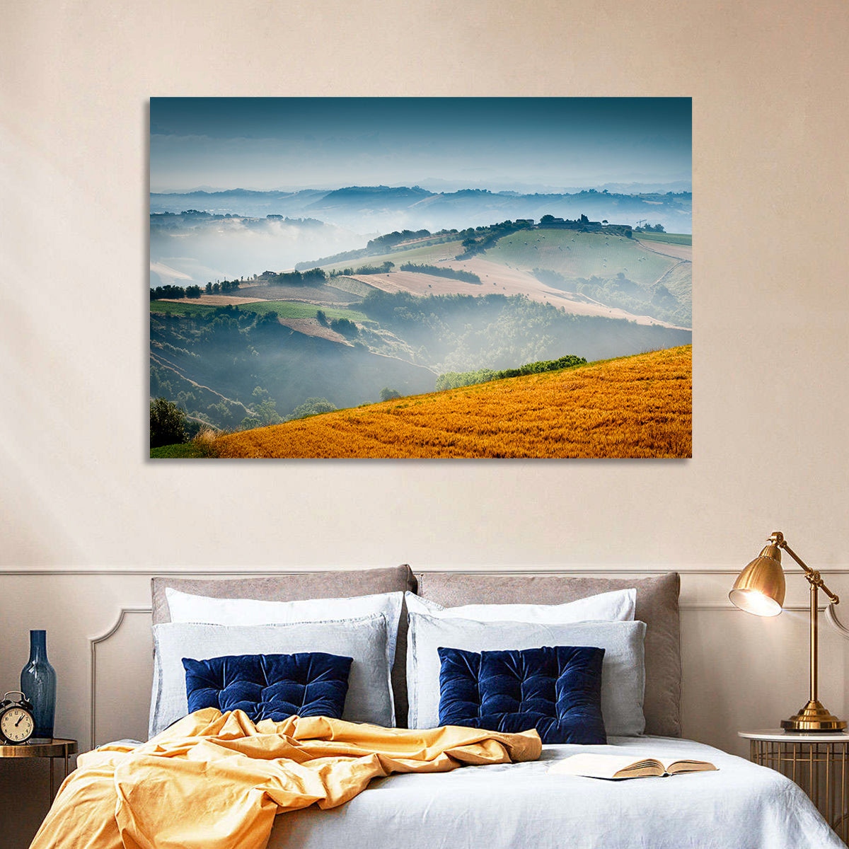 Morning Mist Over Tuscany Wall Art in a room, landscape