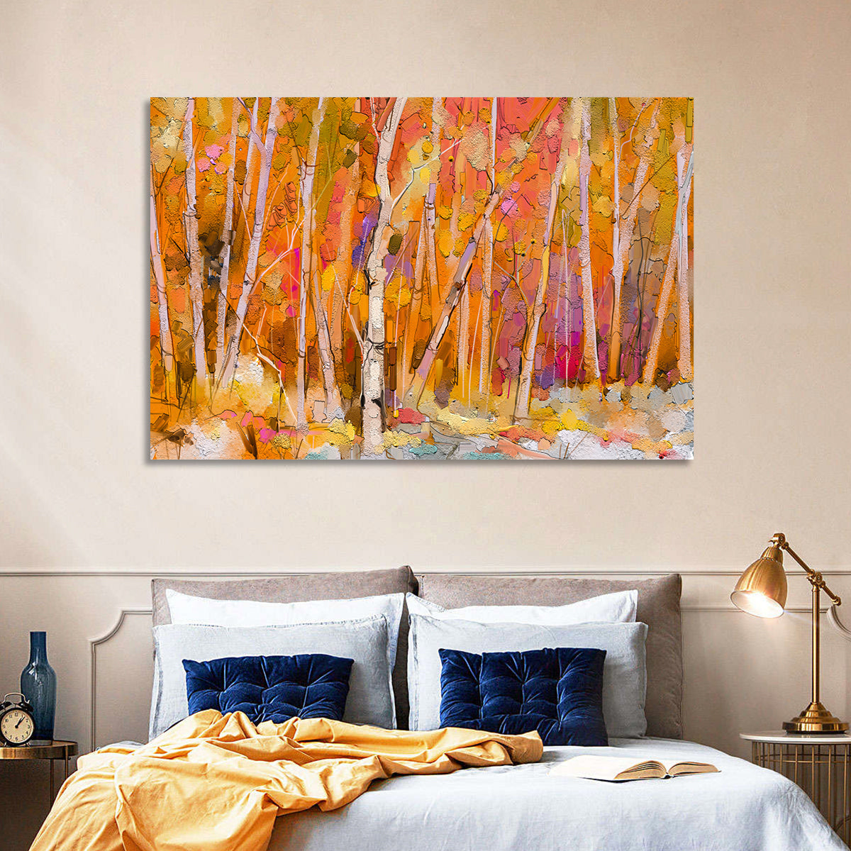 Autumn Birch Grove Painting Wall Art in a room, landscape