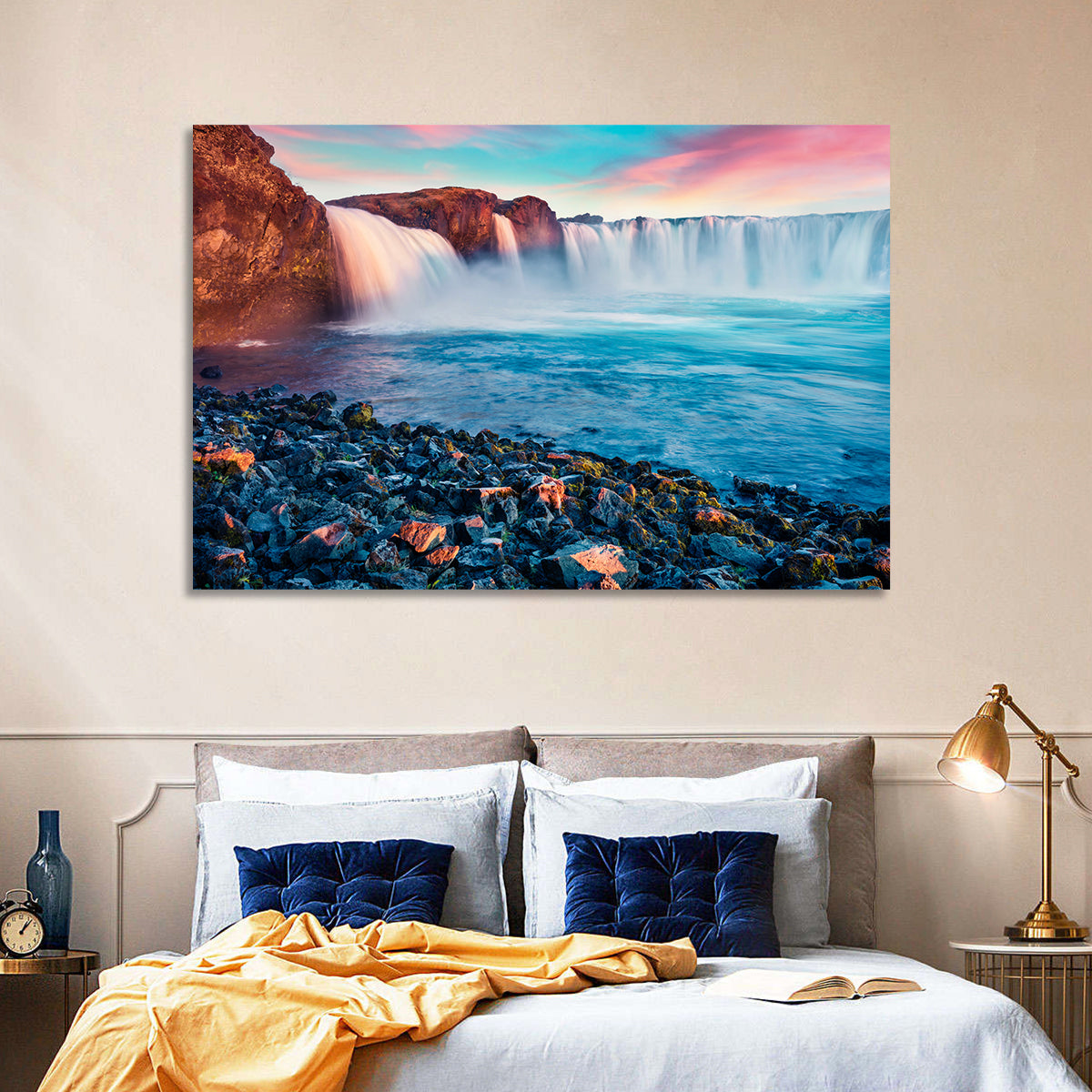 Goðafoss Waterfall at Sunset Wall Art in a room, landscape